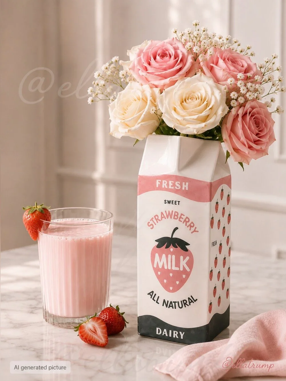 Bien Beau Retro Strawberry Milk Carton Vase Kawaii Ceramic Pink Decor 8.5